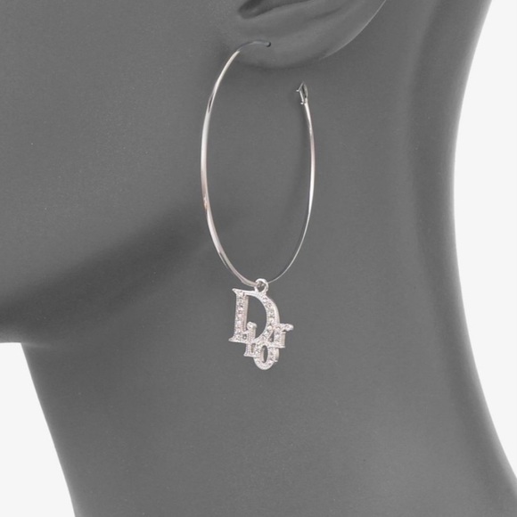 DIOR Silver Hoop XL Earrings Oblique Swarovski Crystal Vintage Authentic